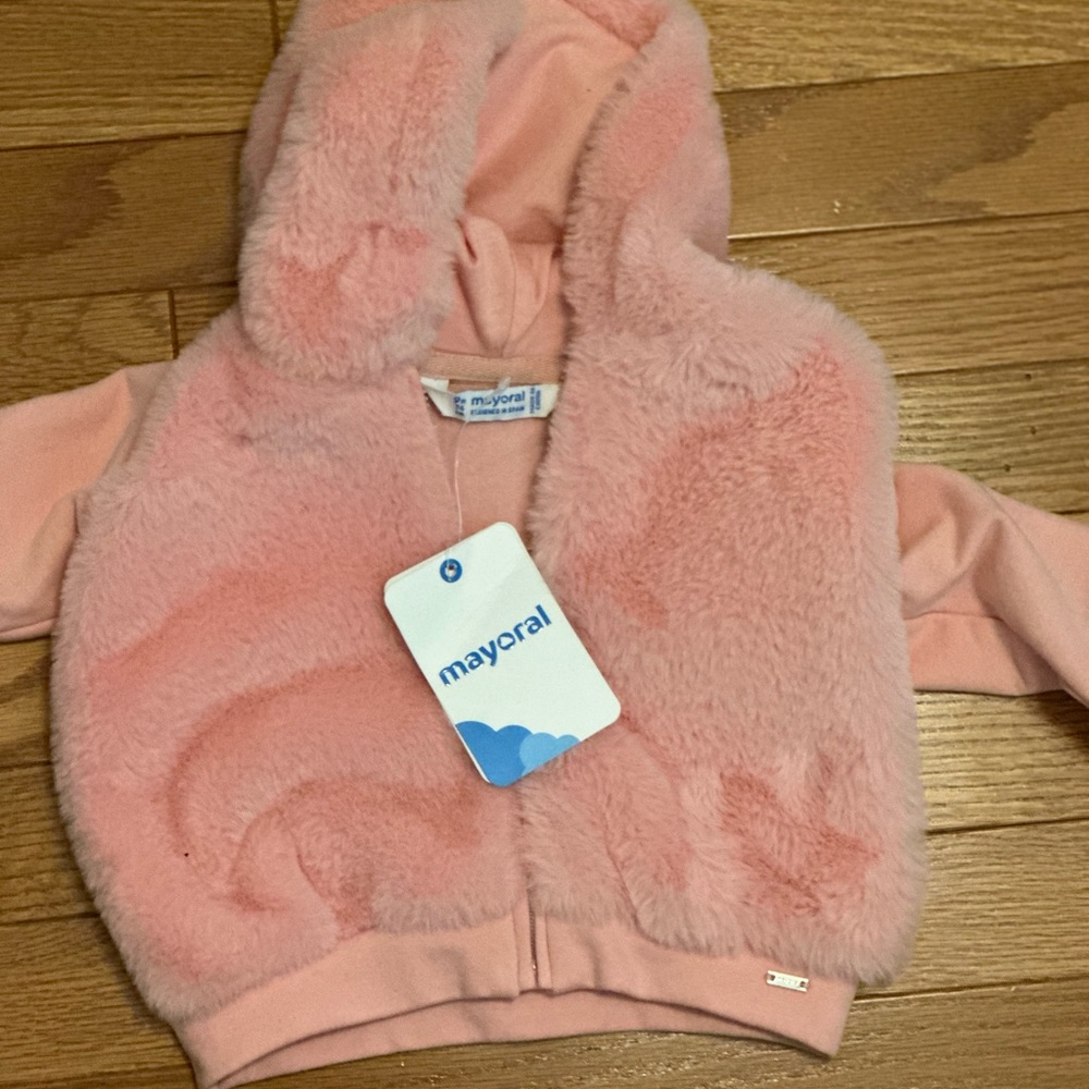 Pink faux fur mayoral baby zip sweater